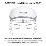 A fit guide graphic for the hairmax Lumina laser device, showing a side profile of a head with the device fitted. The illustration includes a measurement scale on the front of the device and text stating it is best fit for head sizes up to 24.5 inches.