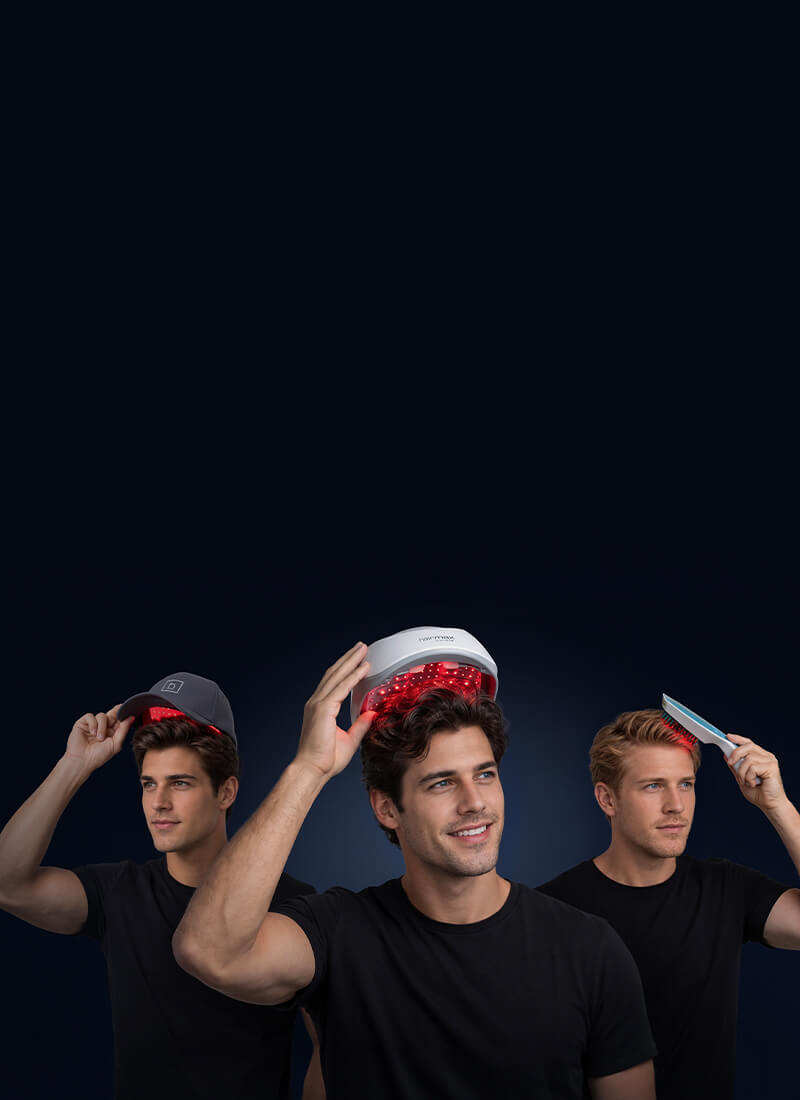 Three men wearing black t-shirts demonstrate different angles of a red light therapy hat on their heads against a dark navy background.