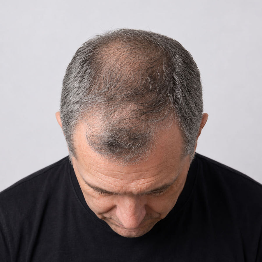 Middle-aged man with thinning hair and graying temples, balding at the crown, showing signs of age-related hair loss