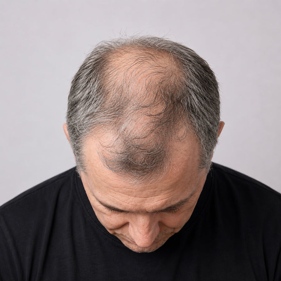 Mature man with thinning hair, showing typical signs of age-related hair loss.