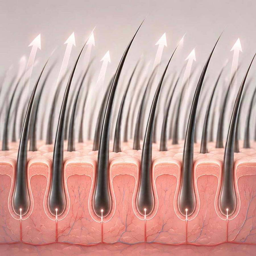 Illustrated hair follicle close-up showing multiple dark hair shafts rising from pink skin with white upward arrows indicating growth or strength.