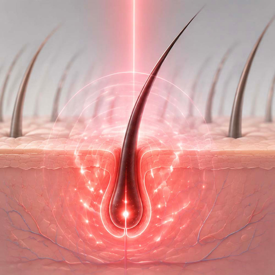 A 3D medical-style illustration of a hair follicle with glowing red and pink energy effects radiating from the center, shown above a cross-section of human scalp with multiple hair follicles and dark hair shafts.