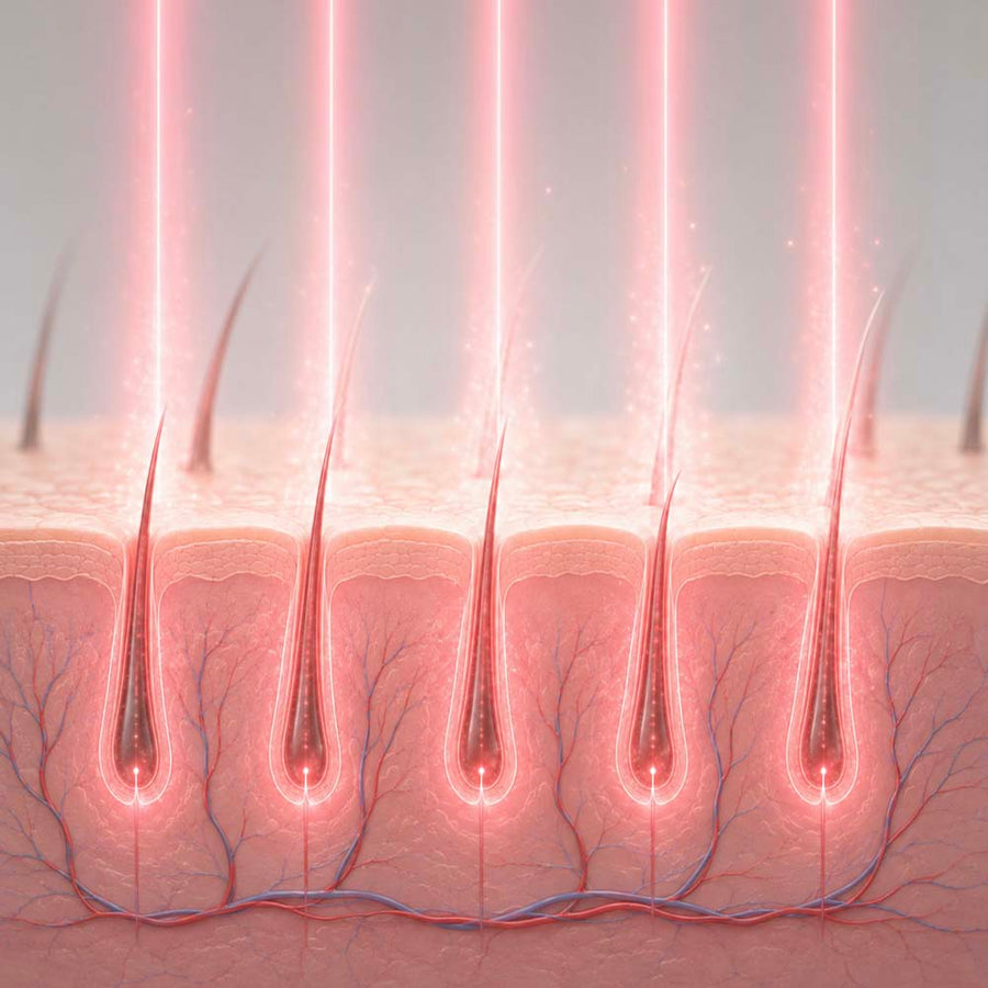 A stylized medical illustration of human scalp hair follicles with bright pink laser beams penetrating the follicles, shown against a pale skin and gray background.